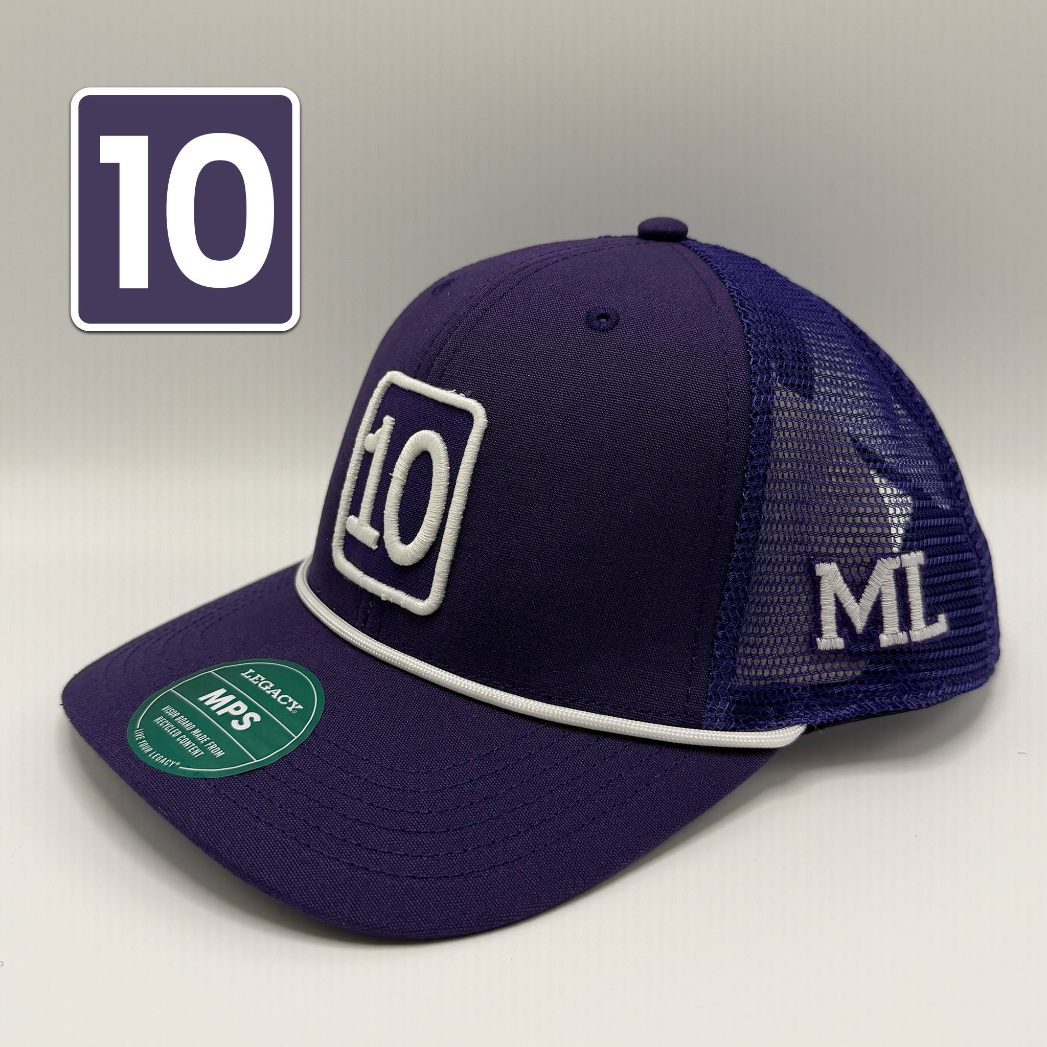A dark purple trucker cap with white embroidered details, featuring a square '10' patch on the front, 'ML' embroidery on the side mesh, and a green 'LION' sticker on the visor.
