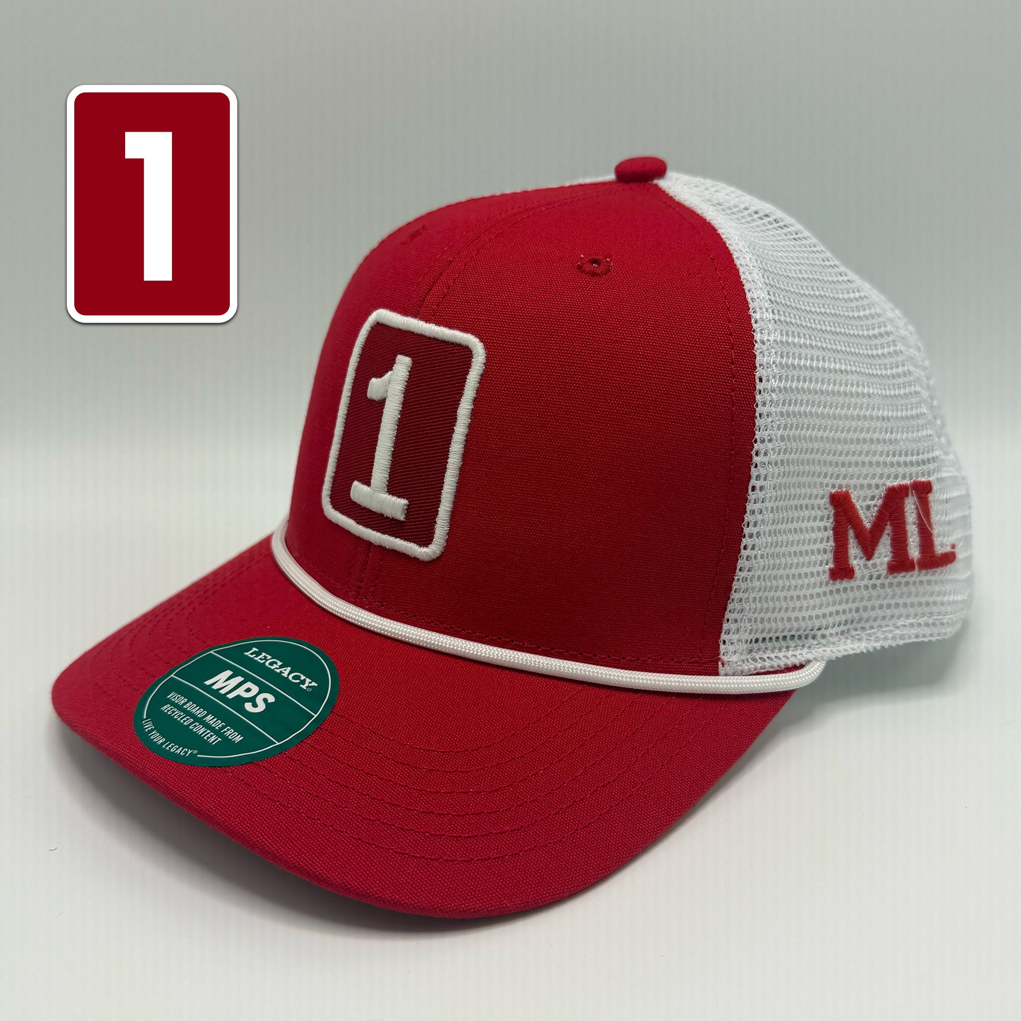 A red and white trucker-style baseball cap with a large embroidered number 1 on the front and 'ML' on the side, shown on a light gray background with a red '1' graphic overlay in the top left corner.