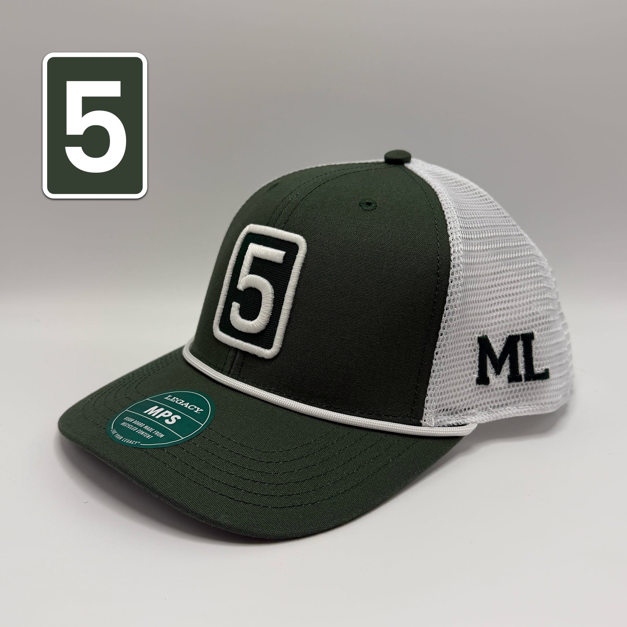 A dark green and white trucker-style baseball cap with a white mesh back, featuring a large white outlined '5' patch on the front, a black 'ML' logo on the side, and a green circular sticker on the brim.