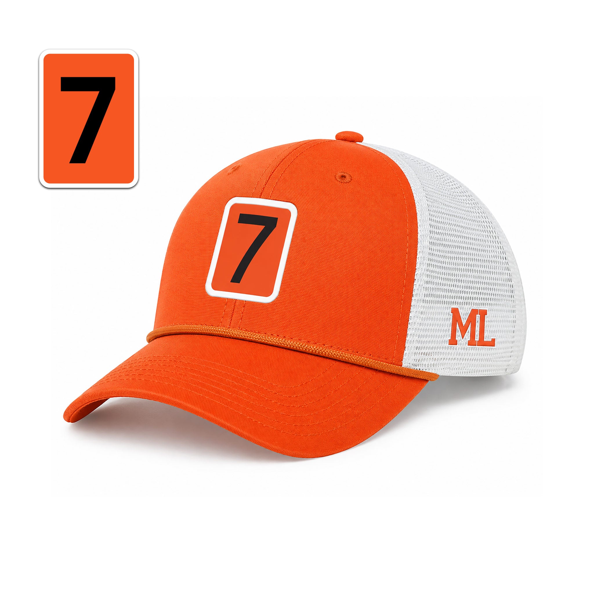 An orange and white trucker-style baseball cap with a white mesh back, featuring a large black number 7 on the front panel and 'ML' embroidered in orange on the side. A matching orange square graphic with a black number 7 is shown in the top-left corner.