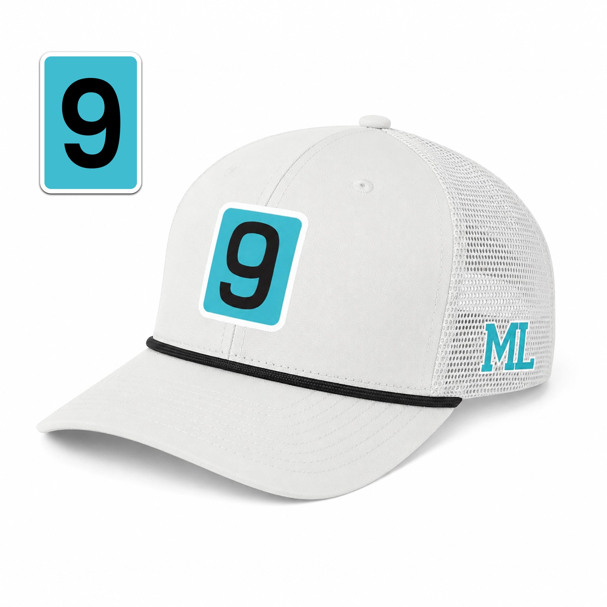 A white trucker-style baseball cap with a black brim stripe, a turquoise and black number 9 patch on the front, and a turquoise 'ML' patch on the side mesh. A matching turquoise square patch with a black number 9 is shown in the upper left corner.
